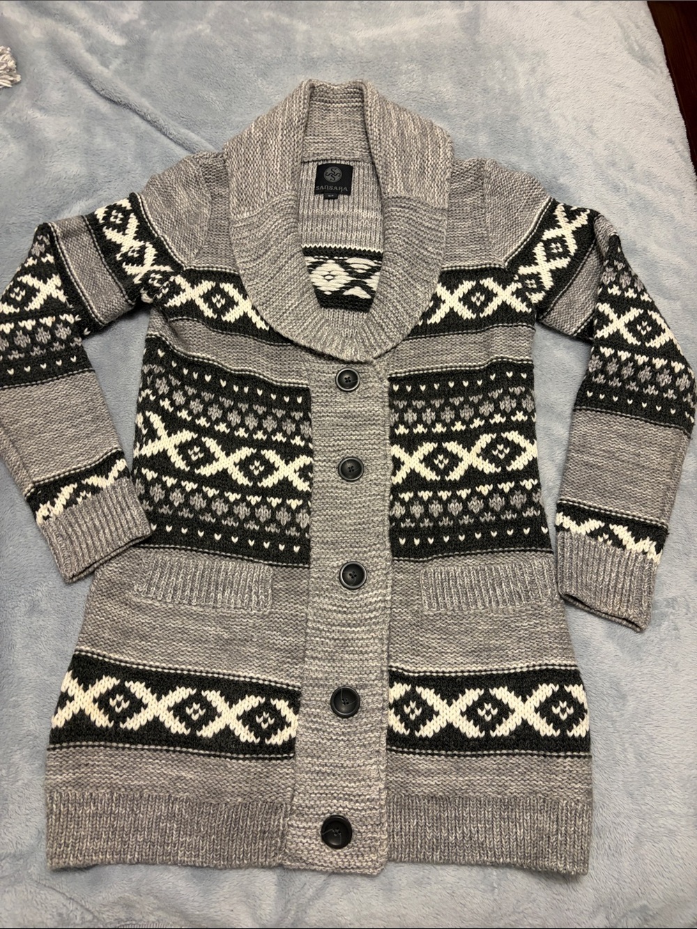 Sansara Gray & Black Fair Isle Shawl Collar Button Cardigan